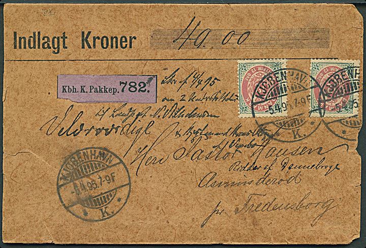 12 øre Tofarvet (2) på værdibrev fra Kjøbenhavn d. 5.4.1895 til Asminderød pr. Fredensborg. 