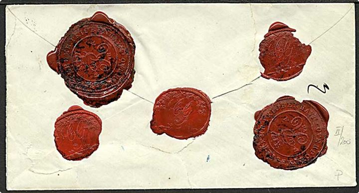 1862. Ufrankeret pengebrev med antiqua stempel Kjøbenhavn d. 15.12.1862 til Salundborg. På bagsiden laksegl: Overpostmesterembede i Kiöbenhavn