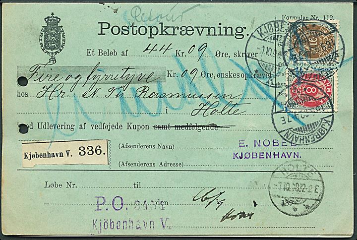 8 øre ret rm. og 16 øre omv. rm. Tofarvet på retur Postopkrævning fra Kjøbenhavn d. 16.9.1898 til Holte. 