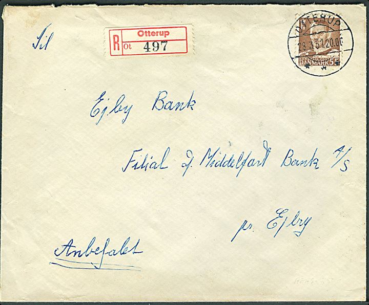55 øre Fr. IX single på anbefalet brev fra Otterup d. 18.3.1951 til Ejby. Bagklap mgl.