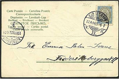 3 øre Tofarvet vm. III med omv. ramme på lokalt brevkort (Hilsen fra Zoologisk Have) stemplet Kjøbenhavn d. 22.4.1904.