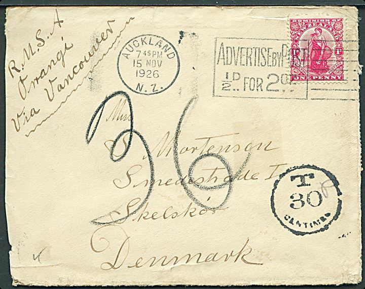 1d single på underfrankeret brev fra Auckland d. 15.11.1926 påskrevet R.M.S.A. Orrangi via Vancouver til Skælskør, Danmark. Udtakseret i 36 øre porto med 4 øre Portomærke (9) stemplet Skjelskør d. 25.2.1926.