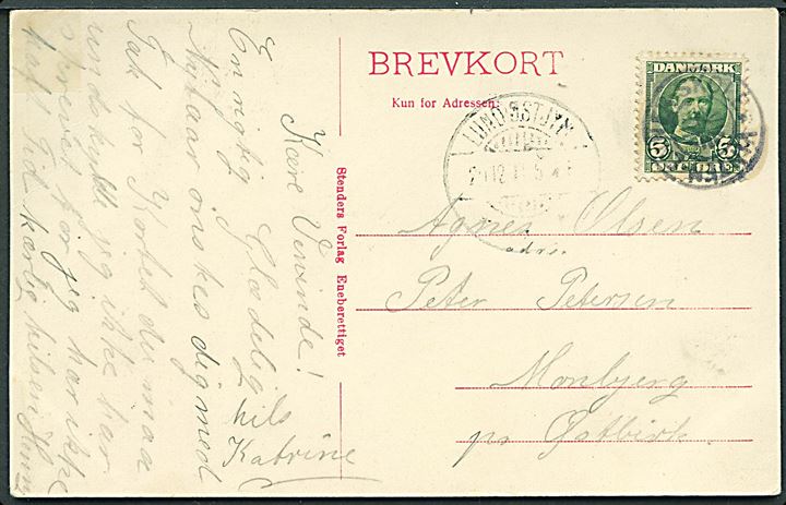 5 øre Fr. VIII på julekort (Postbud med 100 Kroner) annulleret med stjernestempel VINTEN-ENNER-SKOLE og sidestemplet brotype Ia Lund Østjyll. d. 14.12.1911 til Monbjerg pr. Østbirk.