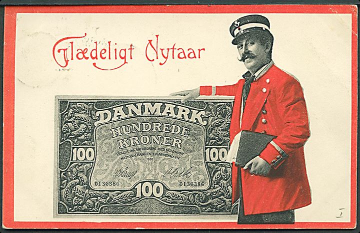 5 øre Fr. VIII på julekort (Postbud med 100 Kroner) annulleret med stjernestempel VINTEN-ENNER-SKOLE og sidestemplet brotype Ia Lund Østjyll. d. 14.12.1911 til Monbjerg pr. Østbirk.