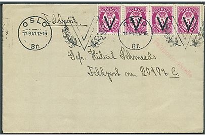 5 øre V provisorium (4) på brev annulleret med TMS V/Oslo d. 11.9.1941 til soldat ved feldpost nr. 20987C (= 2. Kompanie Schützen-Verband z.b.V. Oslo). Rødt censurstempel: Feldpostprüfstelle.