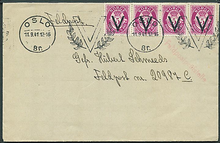 5 øre V provisorium (4) på brev annulleret med TMS V/Oslo d. 11.9.1941 til soldat ved feldpost nr. 20987C (= 2. Kompanie Schützen-Verband z.b.V. Oslo). Rødt censurstempel: Feldpostprüfstelle.
