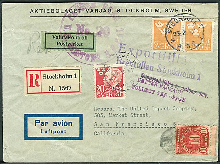 20 öre Nobel og 1 kr. Tre Kroner på anbefalet luftpostbrev fra Stockholm d. 25.2.1947 til San Francisco, USA. Flere toldstempler og påsat amerikansk 10 cents portomærke.