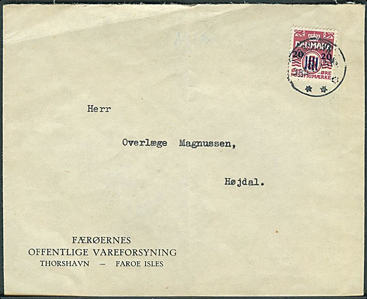 20/5 øre Provisorium på brev stemplet Thorshavn d. 5.6.1941 til Højdal.