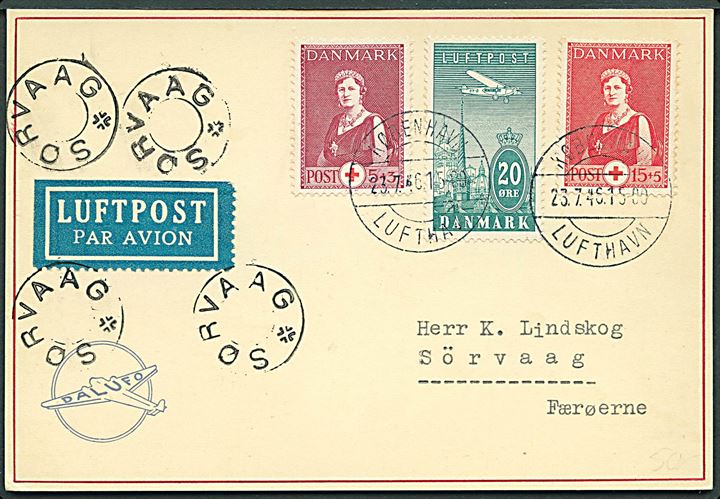 5+3 øre og 15+5 øre Røde Kors og 20 øre Luftpost på første flyvnings brevkort stemplet København Lufthavn d. 23.7.1946 til Sørvaag, Færøerne. Ank.stemplet med udslebet stjernestempel SØRVAAG.