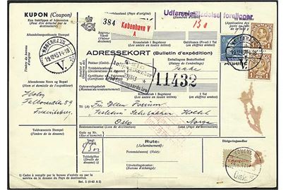40 øre og 1 kr. Chr. X i parstykke på 2,40 kr. frankeret internationalt adressekort for pakke fra København V. d. 19.12.1943 til Oslo, Norge. Liniestempel: Udførselstilladelse foreligger.