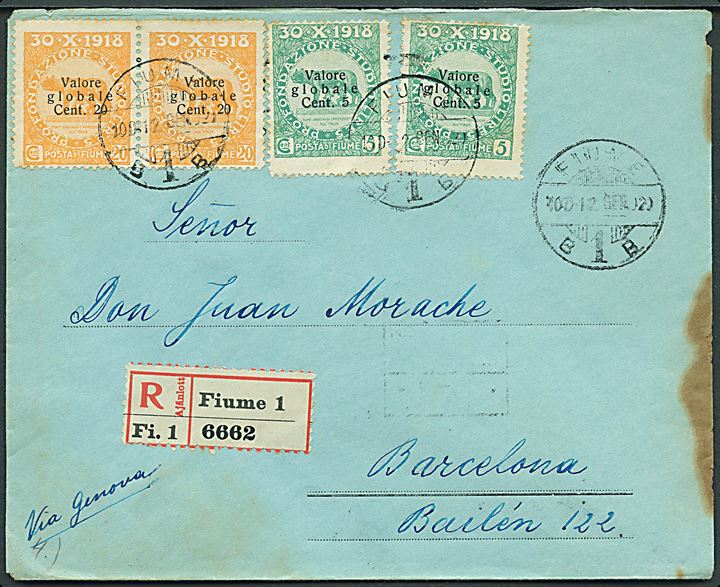 20/20 c. (par) og 5/5 c. (2) Valore globale Provisorium på anbefalet brev fra Fiume d. 12.1.1920 til Barcelona, Spanien.