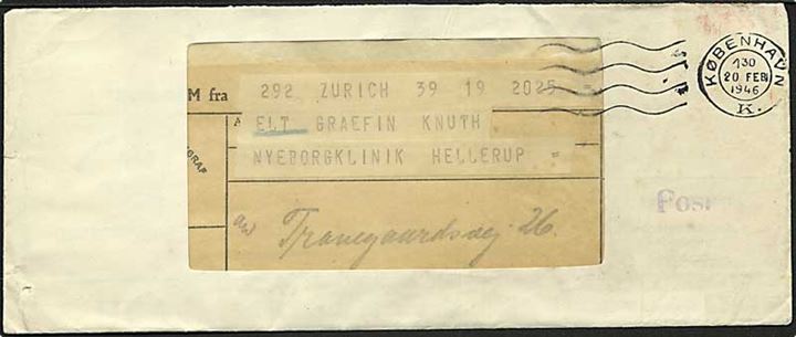 Ufrankeret rudekuvert med telegram fra Zürich stemplet København d. 20.2.1946 til Hellerup.