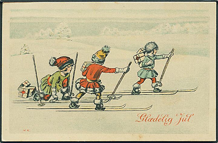 W. K.: Glædelig Jul. Børn står på ski. U/no. 
