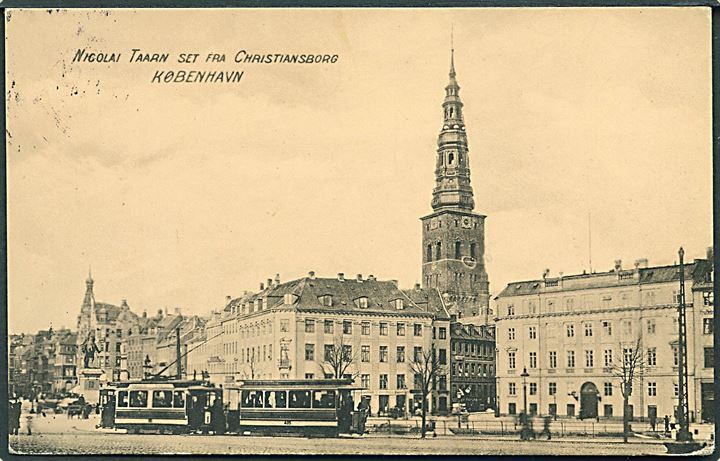 København. Nicolai Taarn set fra Christiansborg. Sporvogn linie 1. D. L. C. no. 982 A. 