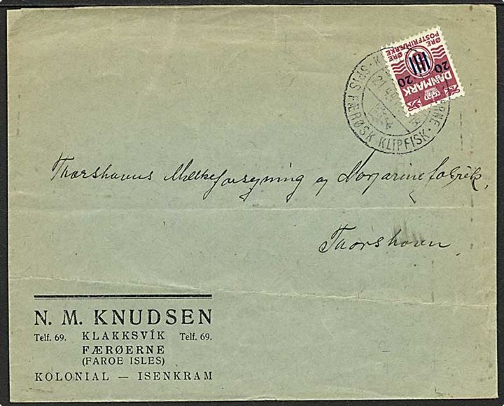 20/5 øre Provisorium på brev annulleret med Klaksvig klipfisk-stempel d. 21.4.1941 til Thorshavn.