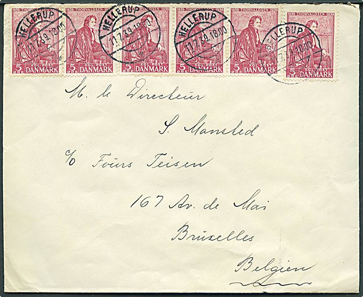5 øre Thorvaldsen (6) på brev fra Hellerup d. 11.7.1939 til Bruxelles, Belgien.