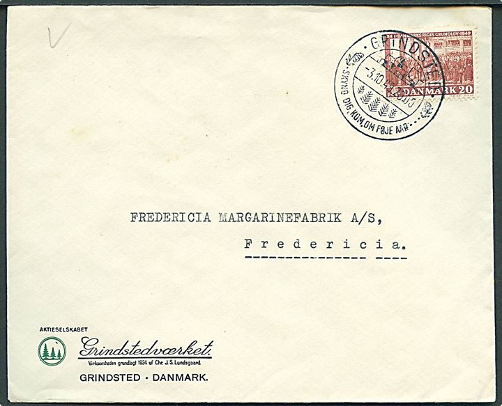 20 øre Grundloven på firmakuvert fra Grindstedværket annulleret med turiststempel Grindsted d. 3.10.1949 til Fredericia. 
