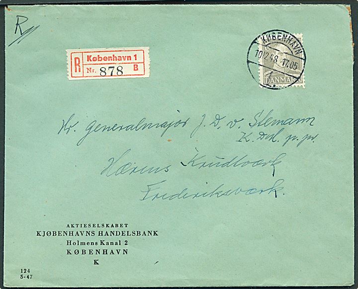 50 øre Chr. X single på anbefalet brev fra København d. 10.12.1948 til generalmajor Stemann, Hærens Krudtværk, Frederiksværk.
