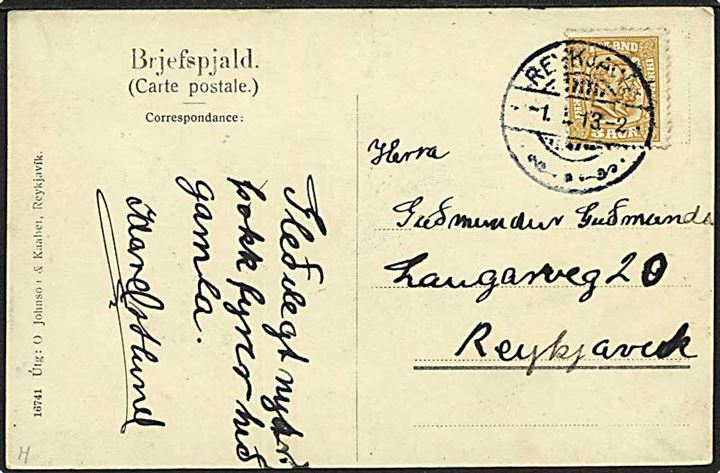 3 aur To Konger på lokalt brevkort (Thörmörk) sendt i Reykjavik d. 1.1.1913.