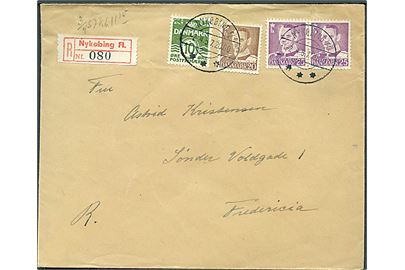 10 øre Bølgelinie, 20 øre og 25 øre (par) Fr. IX på anbefalet brev fra Nykøbing Fl. d. 2.4.1957 til Fredericia.