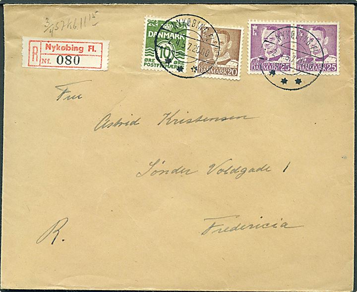 10 øre Bølgelinie, 20 øre og 25 øre (par) Fr. IX på anbefalet brev fra Nykøbing Fl. d. 2.4.1957 til Fredericia.