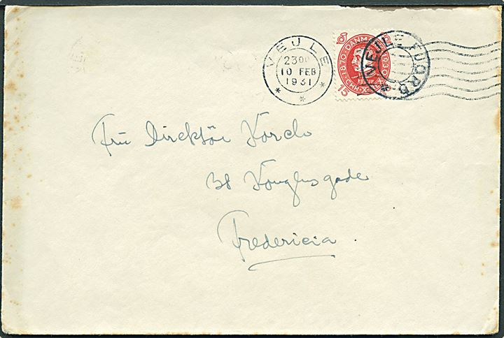 15 øre Chr. X 60 år på brev annulleret med udslebet stjernestempel og sidestemplet Vejle d. 10.2.1931 til Fredericia.