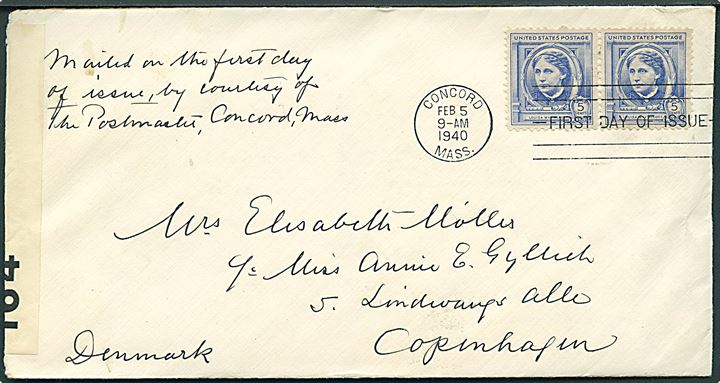 5 cents Alcott i parstykke på FDC fra Concord d. 5.2.1940 til København, Danmark. Åbnet af tidlig britisk censur PC66/164.