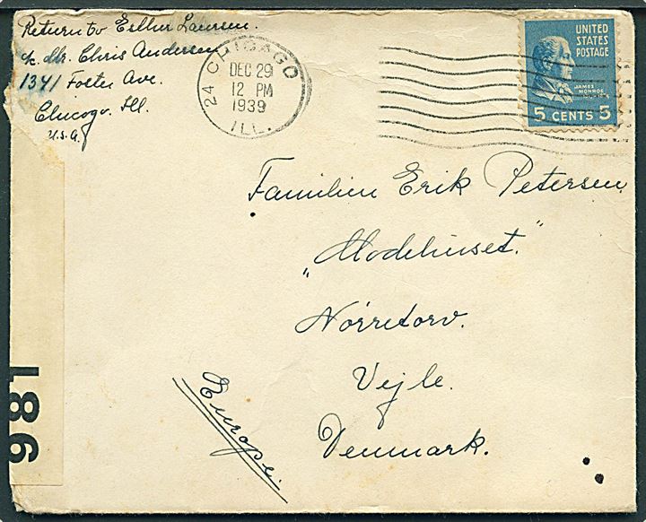 5 cents Monroe på brev fra Chicago d. 29.12.1939 til Vejle, Danmark. Åbnet af tidlig britisk censur PC66/981.