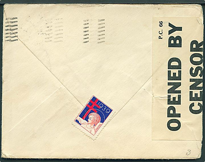 1 cent Washington og 2 cents Adams (par) på brev fra Baltimore d. 17.12.1939 til København, Danmark. Åbnet af tidlig britisk censur PC66/164.