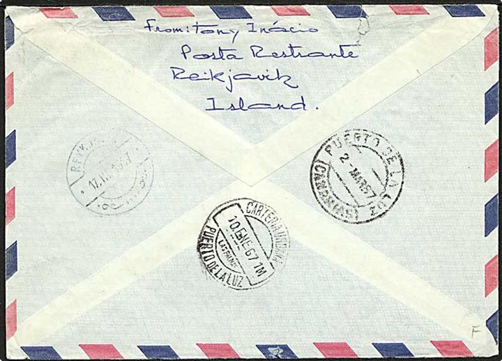 8 kr. Europa single på luftpostbrev fra Reykjavik d. 3.1.1967 til afhentning ved det britiske konsulat i Las Palmas, Kanariske øer. Retur som ej afhentet med stempel vedr. fremtidig adressering til privat adresse eller poste restante.