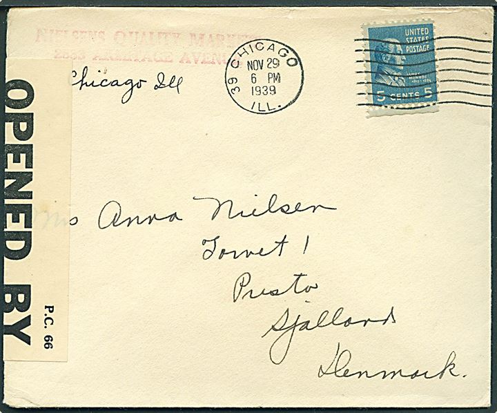 5 cents Monroe på brev fra Chicago d. 29.11.1939 til Præstø, Danmark. Åbnet af tidlig britisk censur PC66/927.