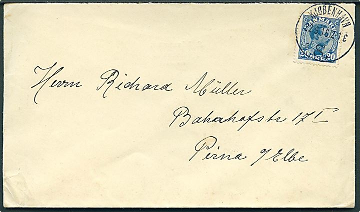 20 øre Chr. X på brev fra Kjøbenhavn d. 22.9.1916 til Pirne a/Elbe, Tyskland.