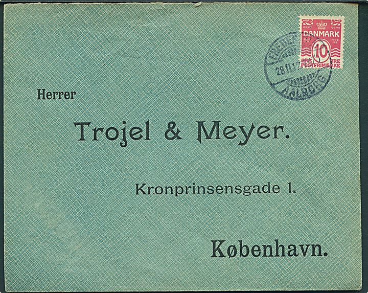 10 øre Bølgelinie på brev annulleret med bureaustempel Fredericia - Aalborg T.970 d. 28.11.1912 til København.