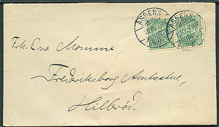5 øre Våben i parstykke på brev annulleret med bureaustempel Assens - Tommerup T.907 d. 1.12.1905 til Hillerød.