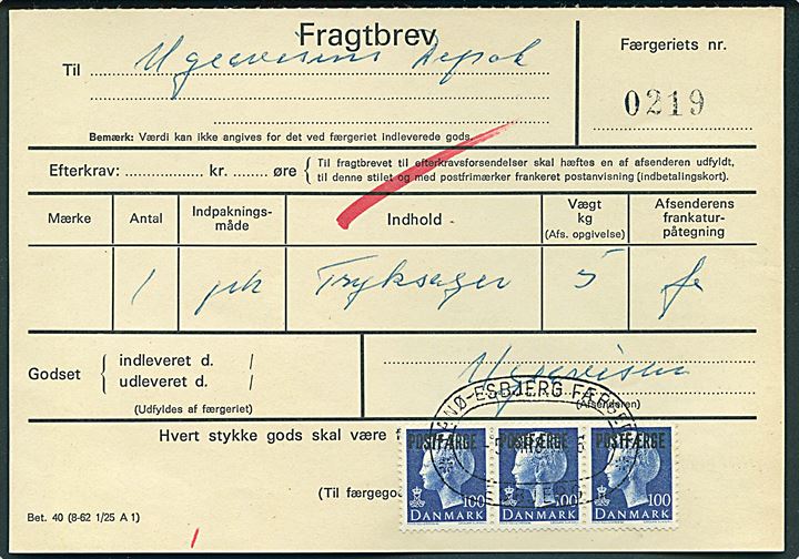 100 øre Margrethe Postfærgemærke i 3-stribe på Fragtbrev fra Esbjerg d. 5.3.1976 til Fanø.