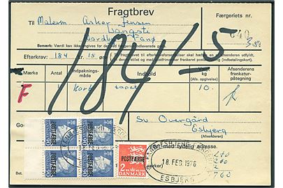 90 øre Fr. IX (fireblok) og 2 kr. Rigsvåben Postfærgemærke på Fragtbrev fra Esbjerg d. 18.2.1976 til Nordby, Fanø.