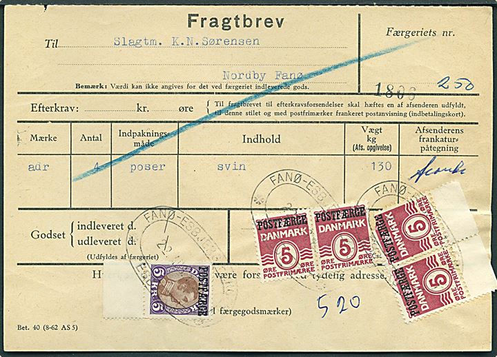 5 øre Bølgelinie (4) og 5 kr. Chr. X Postfærgemærke på Fragtbrev fra Esbjerg d. 22.8.1967 til Nordby, Fanø.