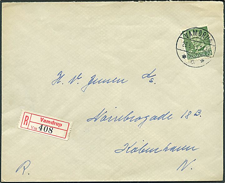 70 øre Fr. IX single på anbefalet brev fra Vamdrup d. 23.5.1955 til København. På bagsiden DSB-stempel: Vandrup / 87 Vm.