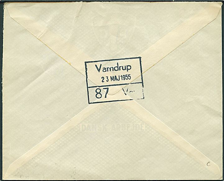 70 øre Fr. IX single på anbefalet brev fra Vamdrup d. 23.5.1955 til København. På bagsiden DSB-stempel: Vandrup / 87 Vm.