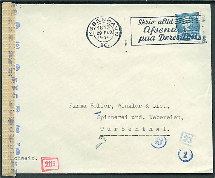 40 øre Chr. X på brev fra København d. 29.2.1944 (Skuddag) til Turbenthal, Tyskland. Åbnet af tysk censur i Berlin.