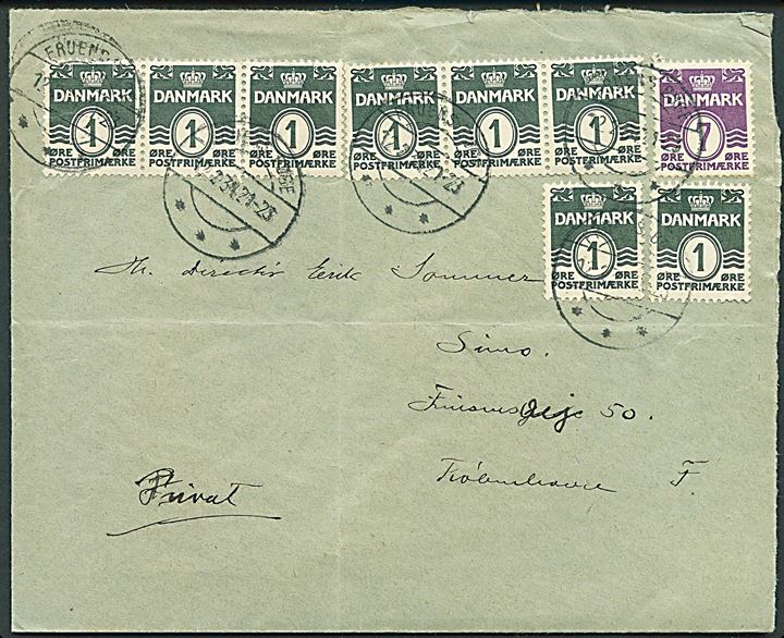 1 øre (8) og 7 øre Bølgelinie på brev fra Fruens Bøge d. 12.2.1934 til København.