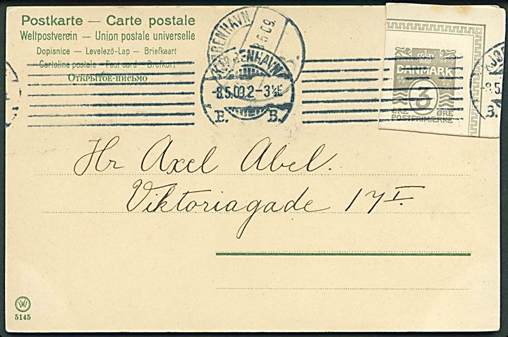 3 øre helsagsafklip anvendt som frankering på lokalt brevkort i Kjøbenhavn d. 8.5.1909.