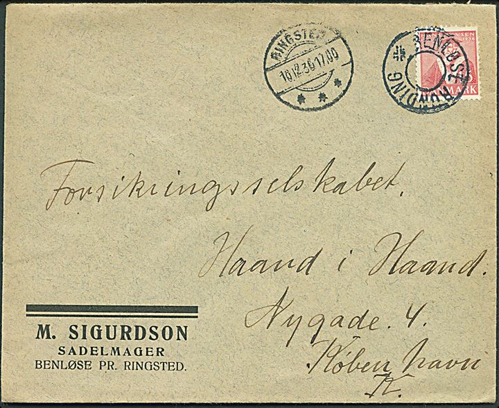 15 øre Tavsen på brev annulleret med udslebet stjernestempel BENLØSE RUNDING og sidestemplet Ringsted d. 10.12.1936 til København.