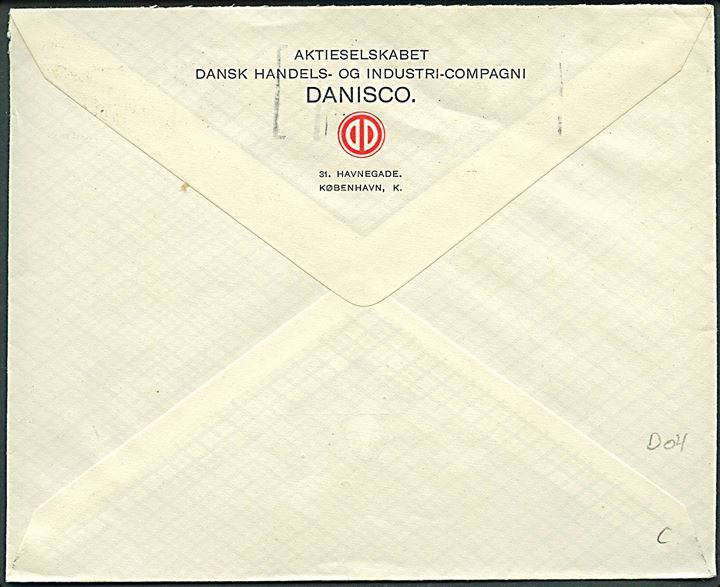 10 øre Bølgelinie med perfin D. på firmakuvert fra Danisco sendt lokalt i København d. 7.1.1935.