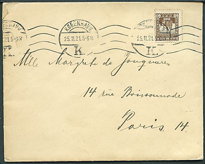 40 øre Genforening single på brev fra København d. 25.11.1921 til Paris, Frankrig.