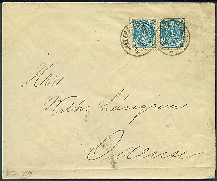 4 øre Tofarvet 69. tryk omv. rm. i parstykke på brev annulleret med lapidar bureaustempel Fredericia - Aalborg d. 26.10.(1894?) til Odense.