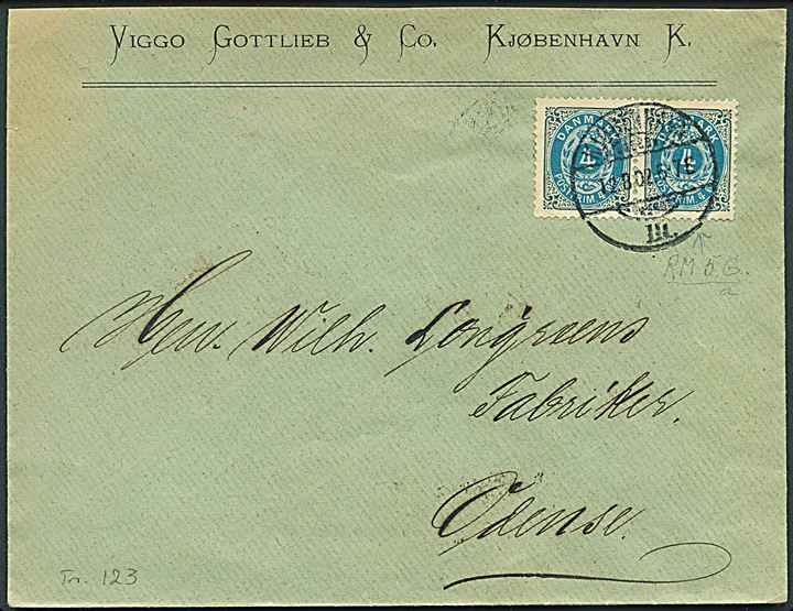 4 øre Tofarvet 123. tryk i parstykke på brev fra Kjøbenhavn d. 12.8.1902 til Odense.