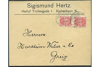 10 øre Våben (2) på brev fra Kjøbenhavn d. 12.6.1899 til Greiz, Tyskland.