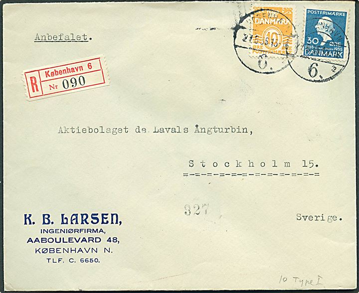 10 øre Bølgelinie og 30 øre H. C. Andersen på anbefalet brev fra København d. 27.6.1936 til Stockholm, Sverige.