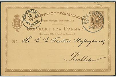 6 øre helsagsbrevkort annulleret med lapidar Kjøbenhavn KB d. 16.5.1881 til Stockholm, Sverige.